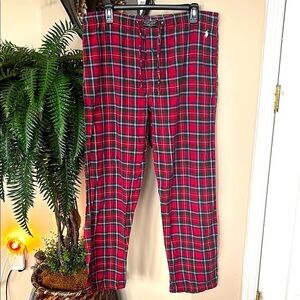 Polo Ralph Lauren Red Plaid 100% Cotton Pajama Sleep Pants Stretch Waist Pony